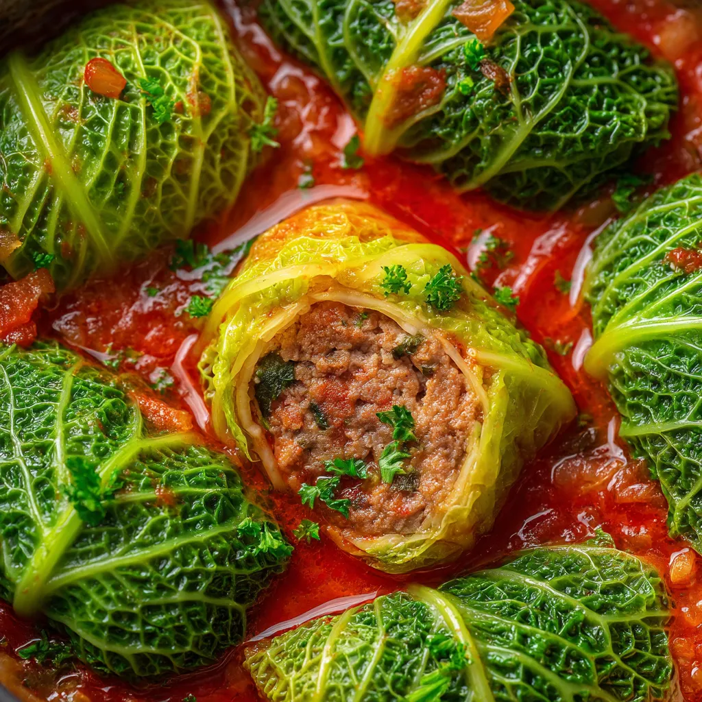 Obraz przedstawia kosz z gołąbkami (stuffed cabbage rolls).