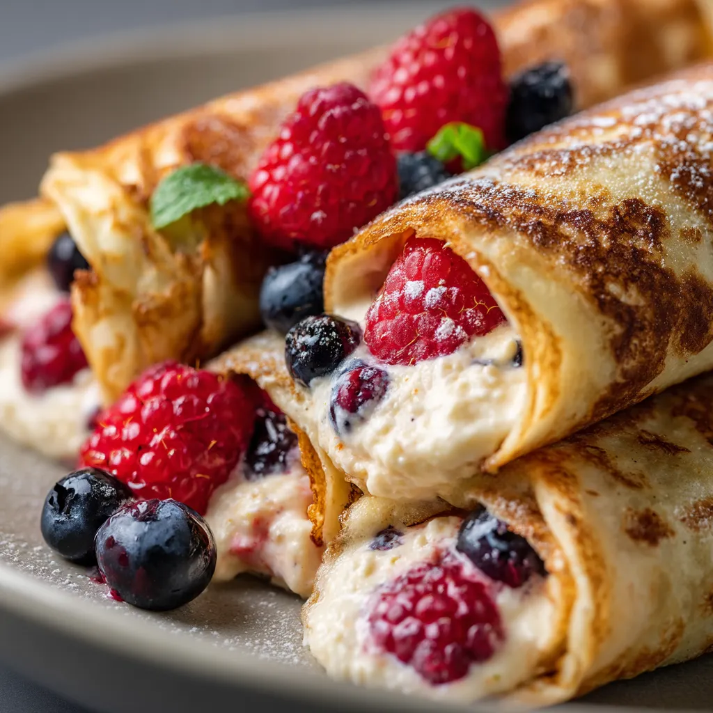Na tle szarości widać delikatne naleśniki z różnymi dodatkami, takimi jak raspberry, blueberry.