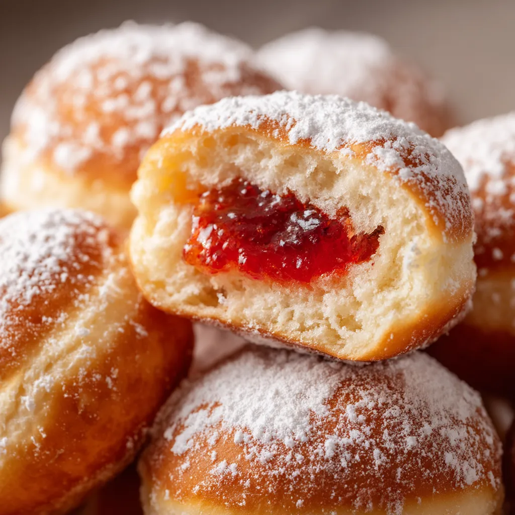 Obraz przedstawia pączki z jabłkami w środku.