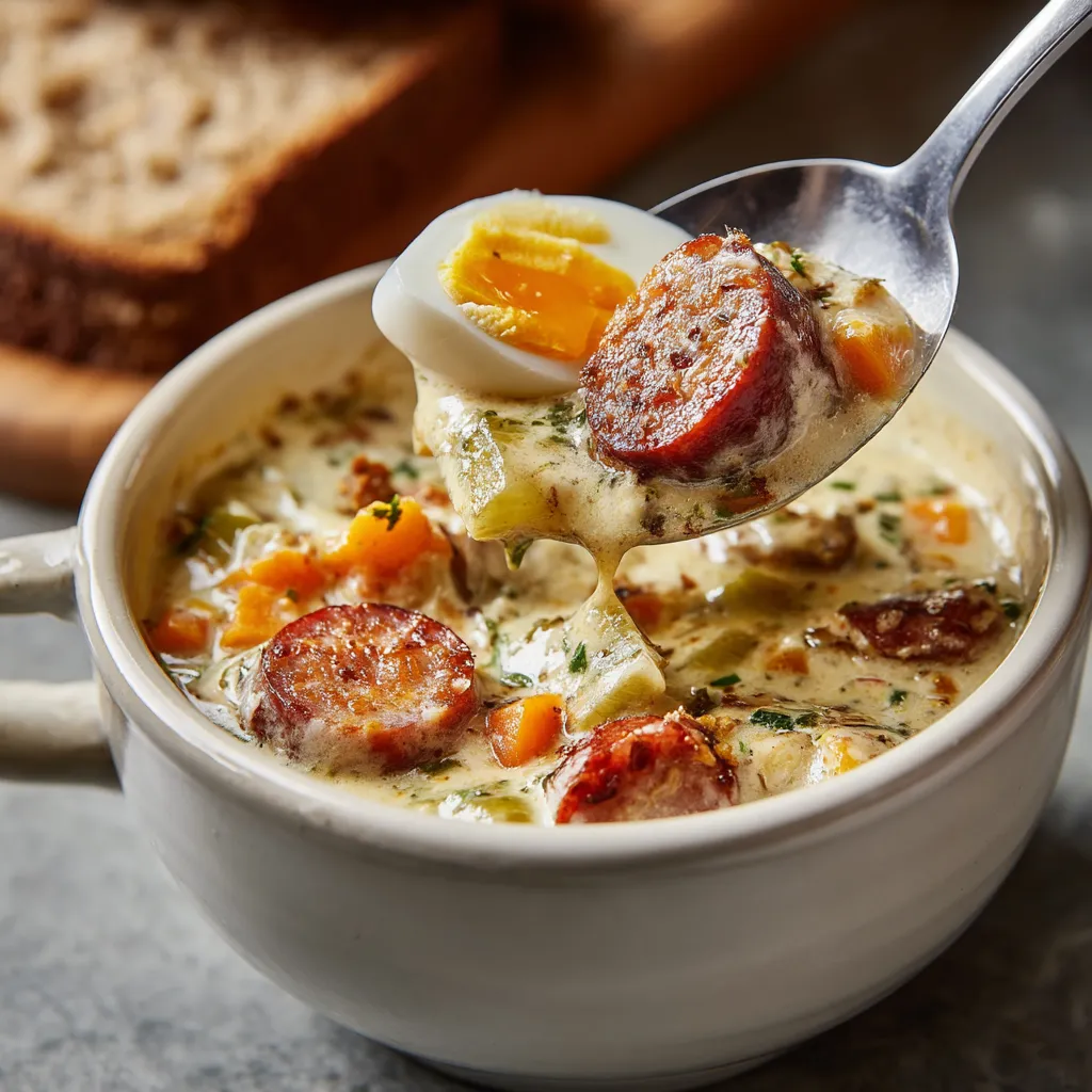 W misce zurek (sour rye soup) zależy od słodyczy, takich jak jajka i szynka.