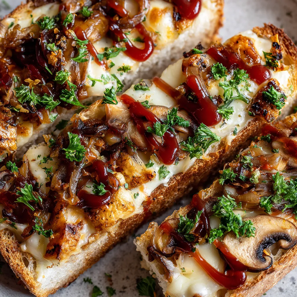 Obraz przedstawia sourdough zapiekankę z dodatkiem pieczarki i cebulki. Zapiekanka jest przykryta ciemnoczerwonym sosem.
