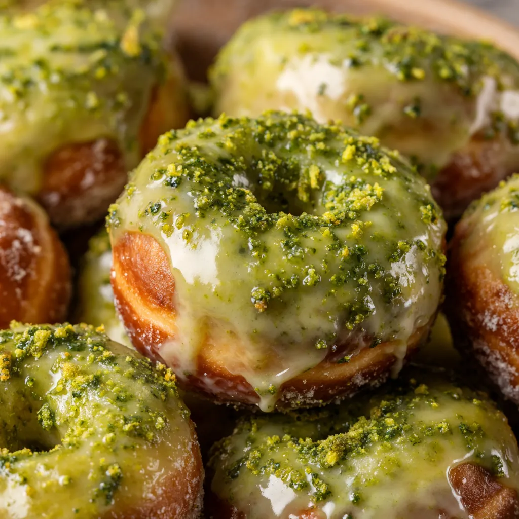 Obraz przedstawia grupę pączków pokrytych matcha-glazed.