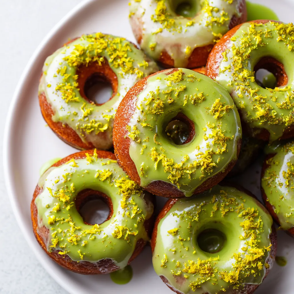 Na tle białego tła, na płycie stoi kilka pączków pokrytych matcha-glazed.