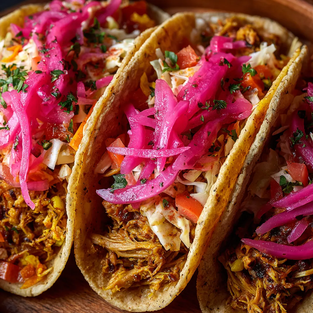 Trzy tacos z mięsem i sałatką, złożone z mięsa i sałaty, wypełnione sałatką i mięsem.