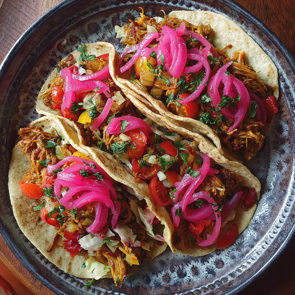 Na tle ciemnego koloru, na talerzu, znajdują się trzy tacos z różnymi składnikami.