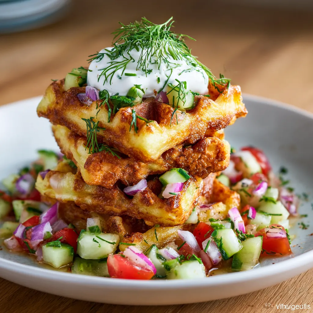 Waffle z różnymi dodatkami, takimi jak salsa i cukier, na tle ciemnego tła.