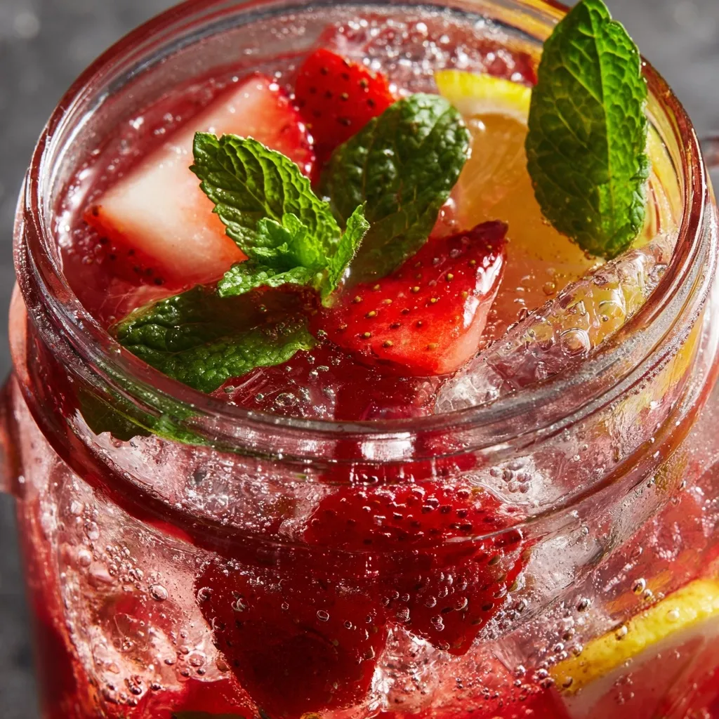 W kryształowej szkale zawierającej strawberry-rhubarb kompot spritzer.