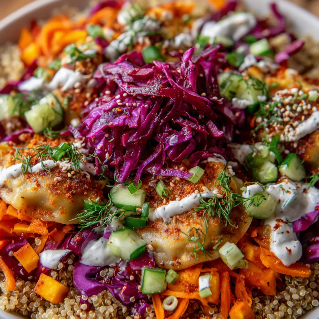 Rainbow Pierogi Power-Bowl to pełen, kolorowy, pełen węglowodanowy obraz
