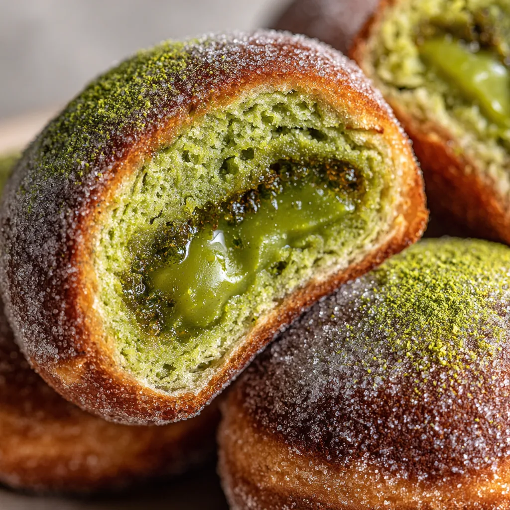 Obraz przedstawia pączki z pistacjami i matchą.
