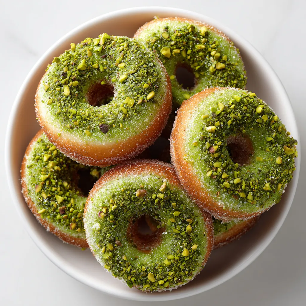 W koszcielem wisi biały talerz z pięcioma pączkami ozdobionymi matcha i pistacjami.