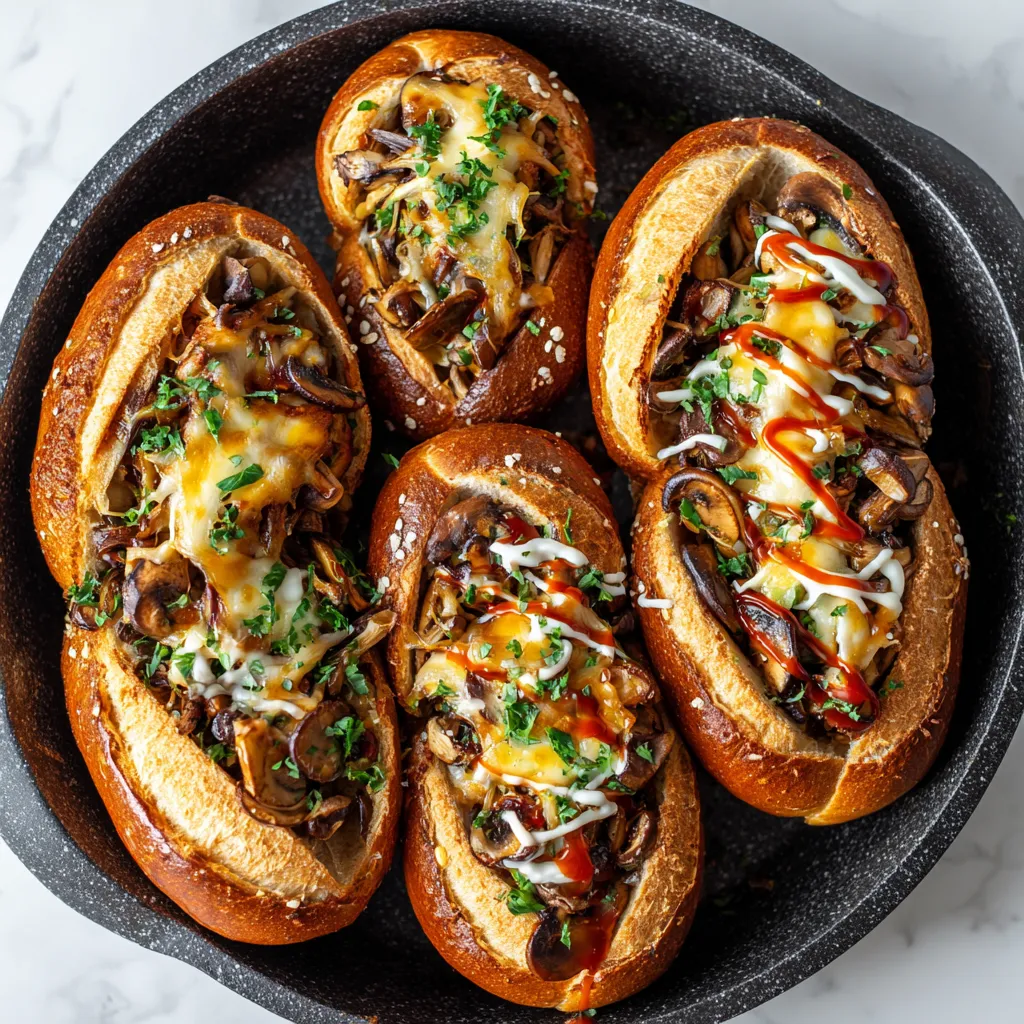 Zapiekanka Pretzel Boats towarzyszące się z różnymi składnikami, takimi jak mushroom, cheese i ketchup.