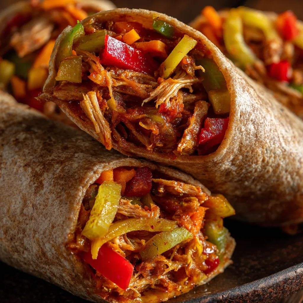 W obrazie przedstawione są trzy taco wraps z różnymi składnikami. Wrapy są złożone z mięsa, a także zawierają różne składniki takie jak papryka, cukier, sól i inne składniki. Wrapy są ułożone na talerzu, a ich kolory są różne, co dodaje im wyrazistości.