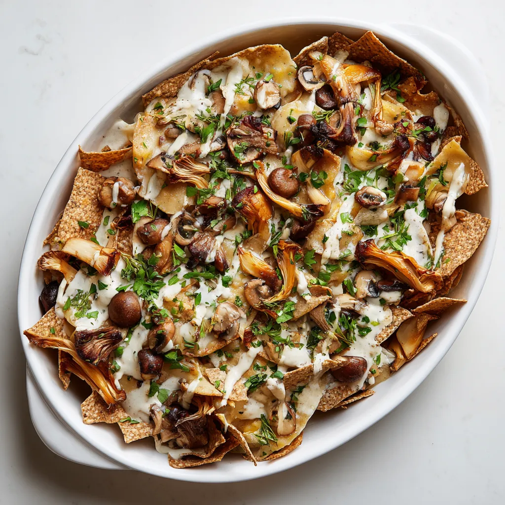 W misce złożone są różne składniki, takie jak mushrooms, cheese i chips.
