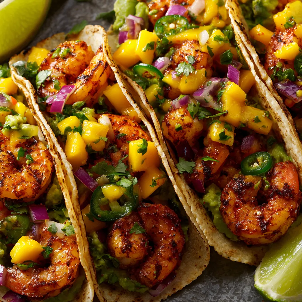 Tacos z krewetką mango są gotowe do zjedzenia. Są to tacos z krewetką mango, które są gotowe do zjedzenia.