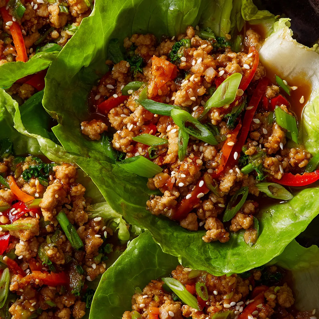 Asiana Chicken Lettuce Wraps towarzyszące się z różnymi składnikami, takimi jak broccoli, carrot, pepper i sesam.