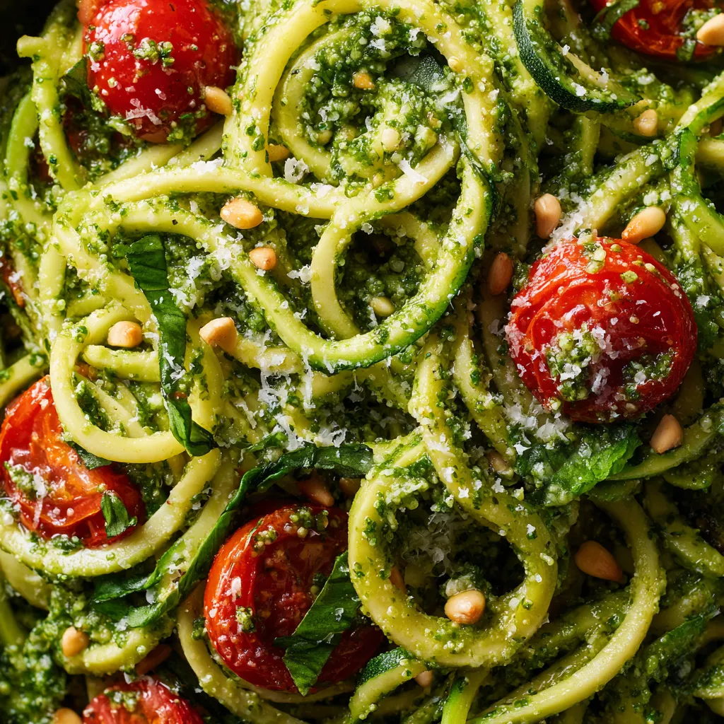 Zucchini Noodles with Pesto towarzyszące się z dodatkiem pomidorów.