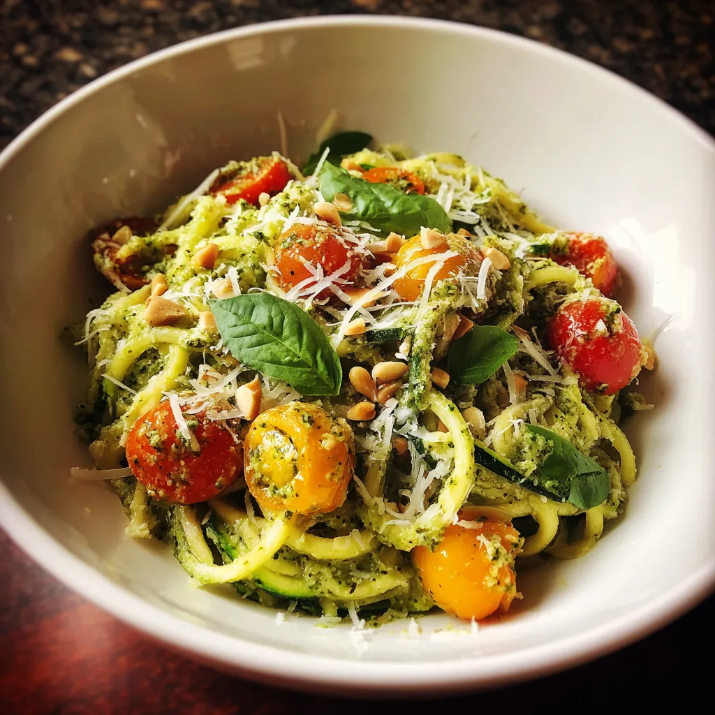 White bowl with zucchini noodles and pesto.