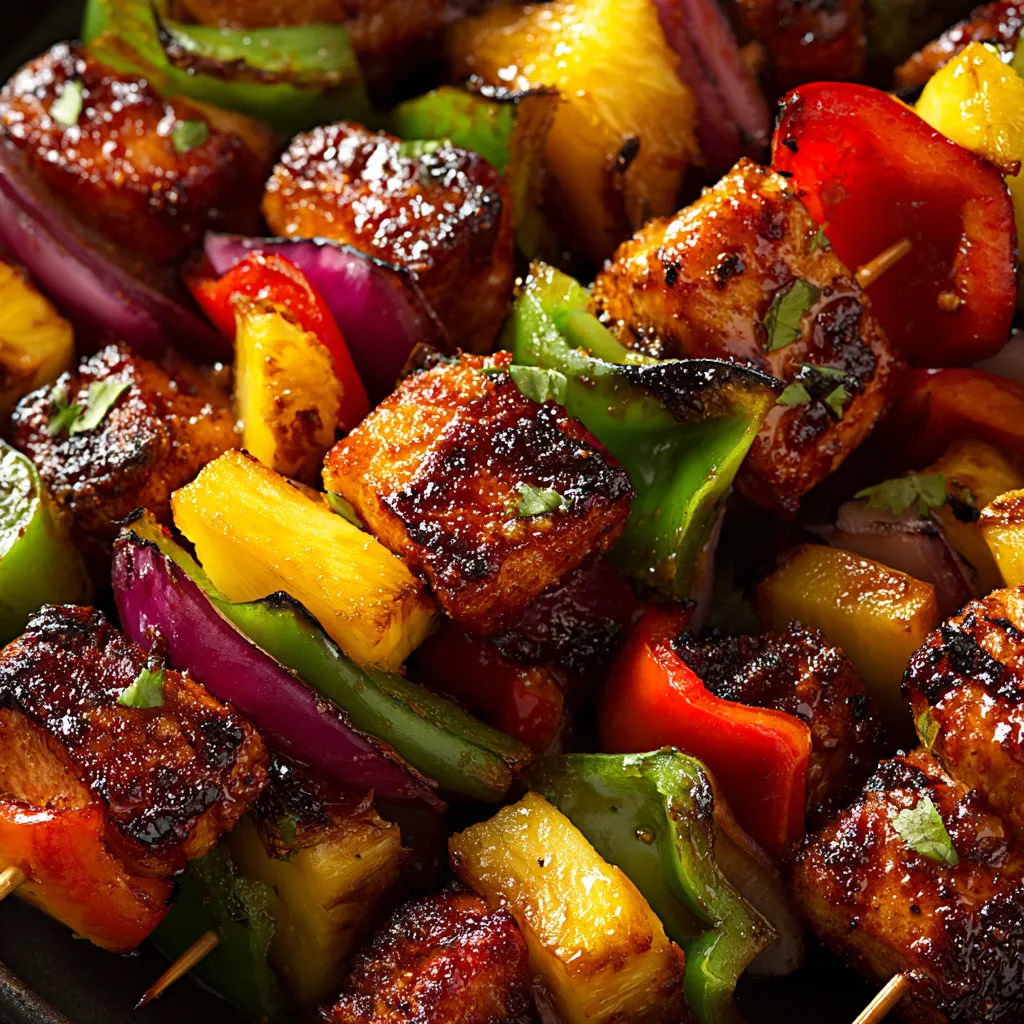 Obraz przedstawia delikatne kiełbasie grillowane wraz z pineapple.