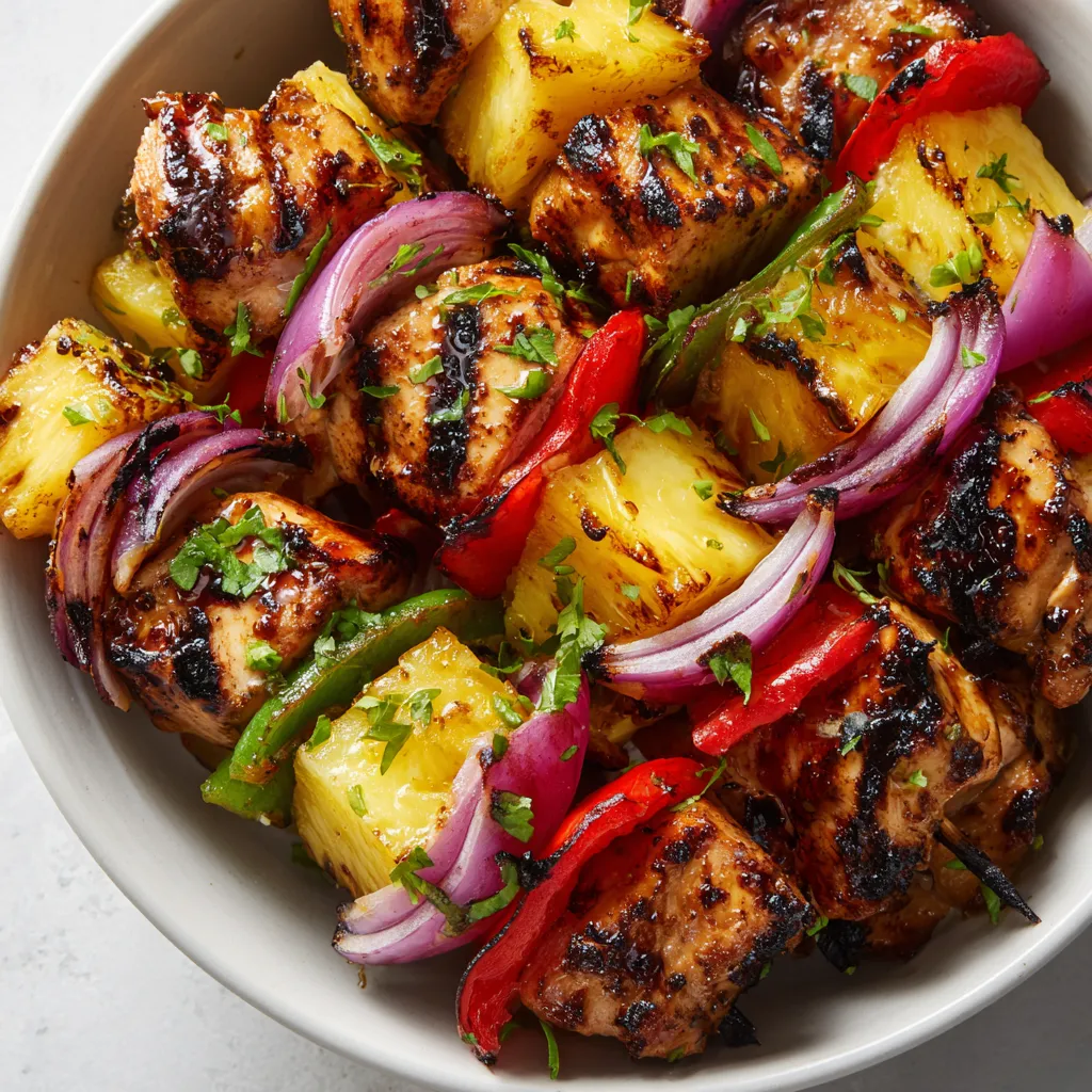 W misce złożonej z różnych składników, w tym grilled chicken-pineapple skewers.