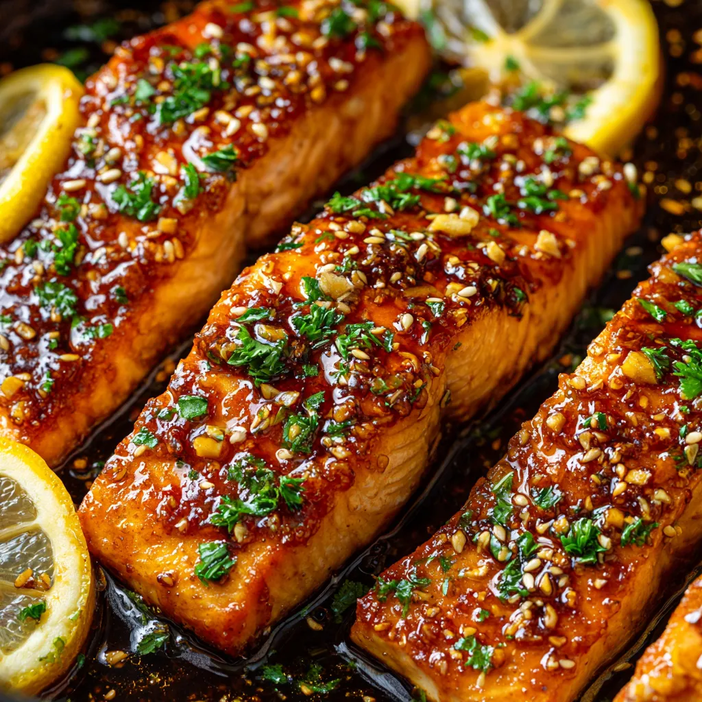Obraz przedstawia pięć kawałków Honey Garlic Glazed Salmon.