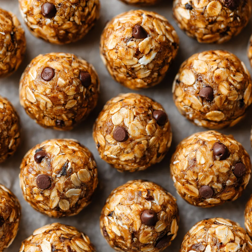 Obraz przedstawia dużą ilość peanut butter oat energy bites na tle białego tła.