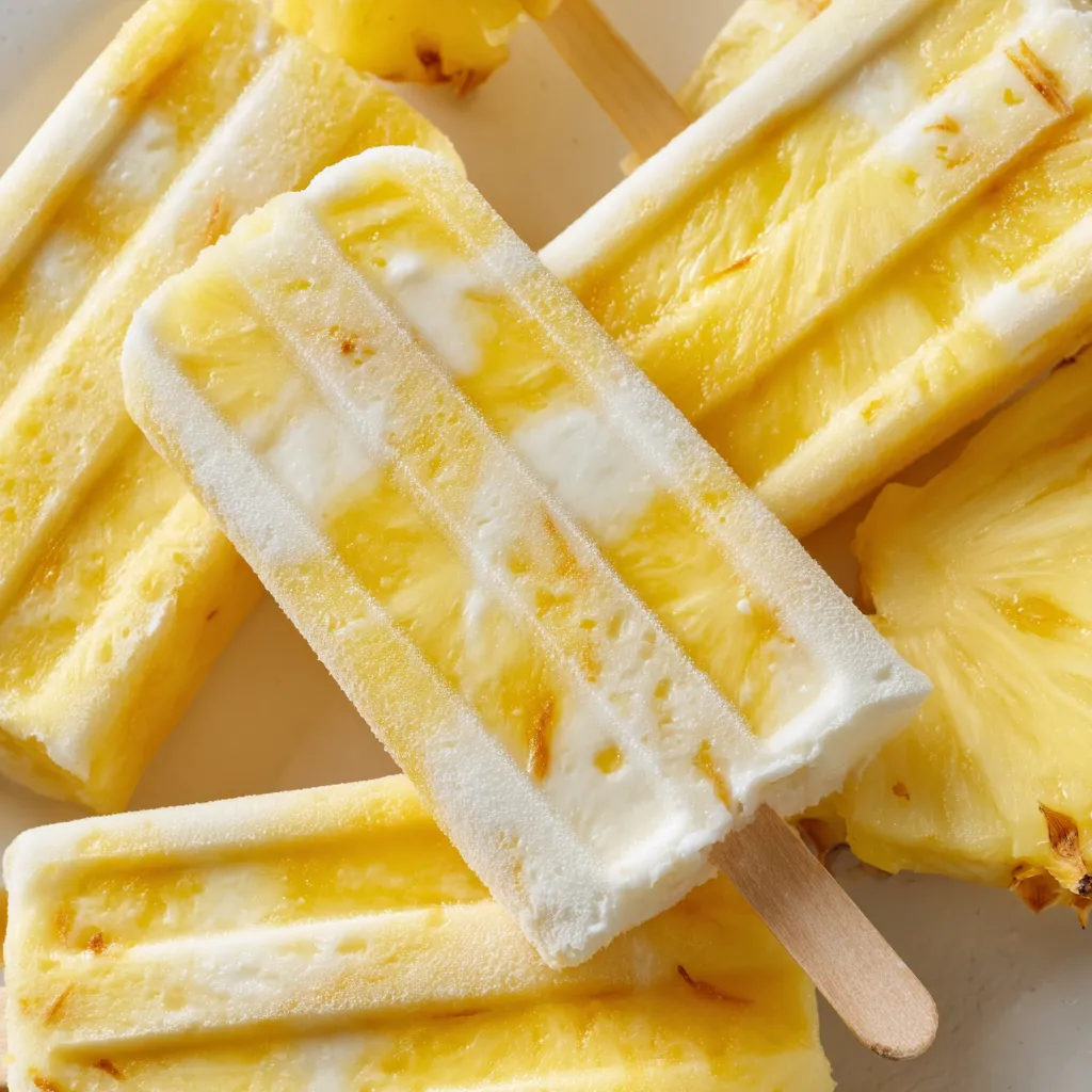 Na tle białego tła, pięć popsikli z pineapple.