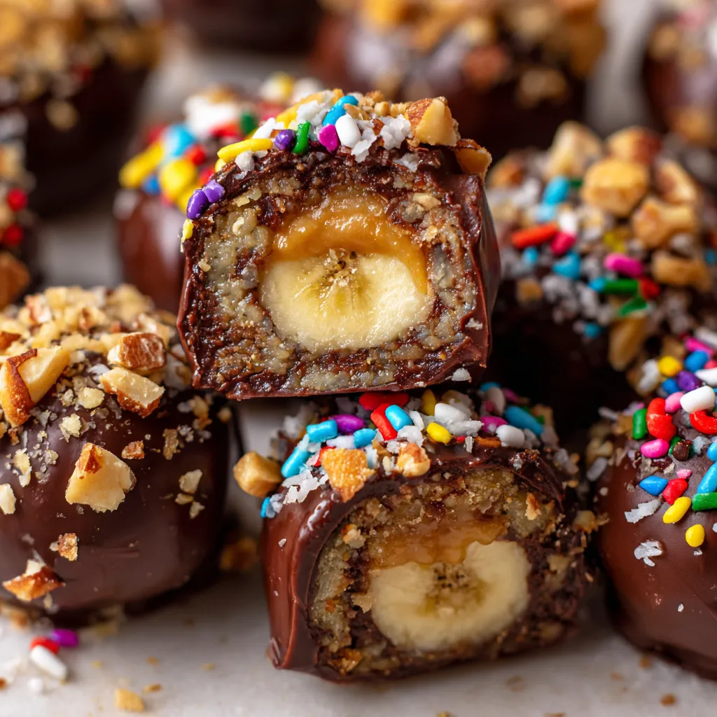 Na tle ciemnego tła, widać kilka ciemnoczerwonych chocolate-covered frozen banana bites.
