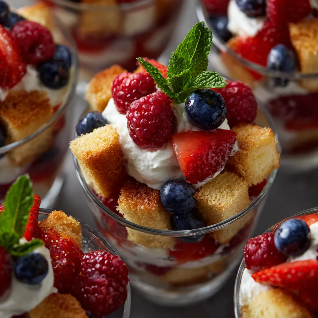 Wygląda na to, że przedstawione są trzy kąseczki berry trifle.