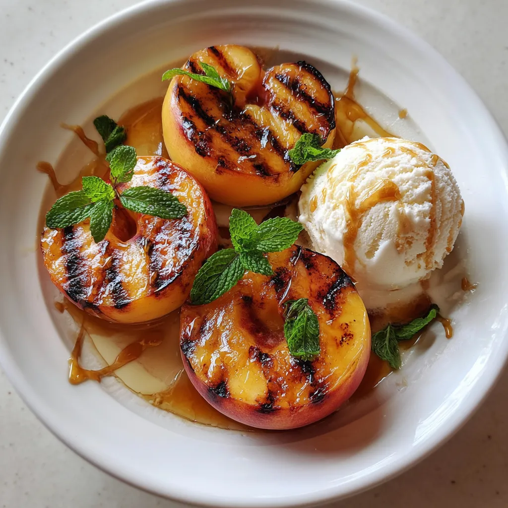 Na talerze stoi biały platek z kilkoma grilled peaches, które są pokryte cukrem i wanilią. Otoczone są miską śmietanki, a całość jest otoczona cienką linią.