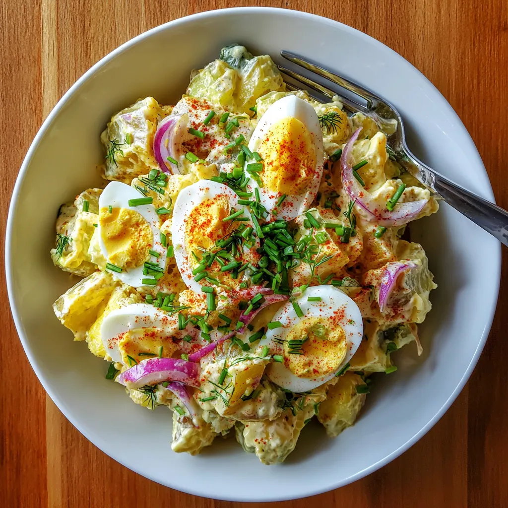 Na tle ciemnego tła, na białym talercie z klasycznym potato saladem.