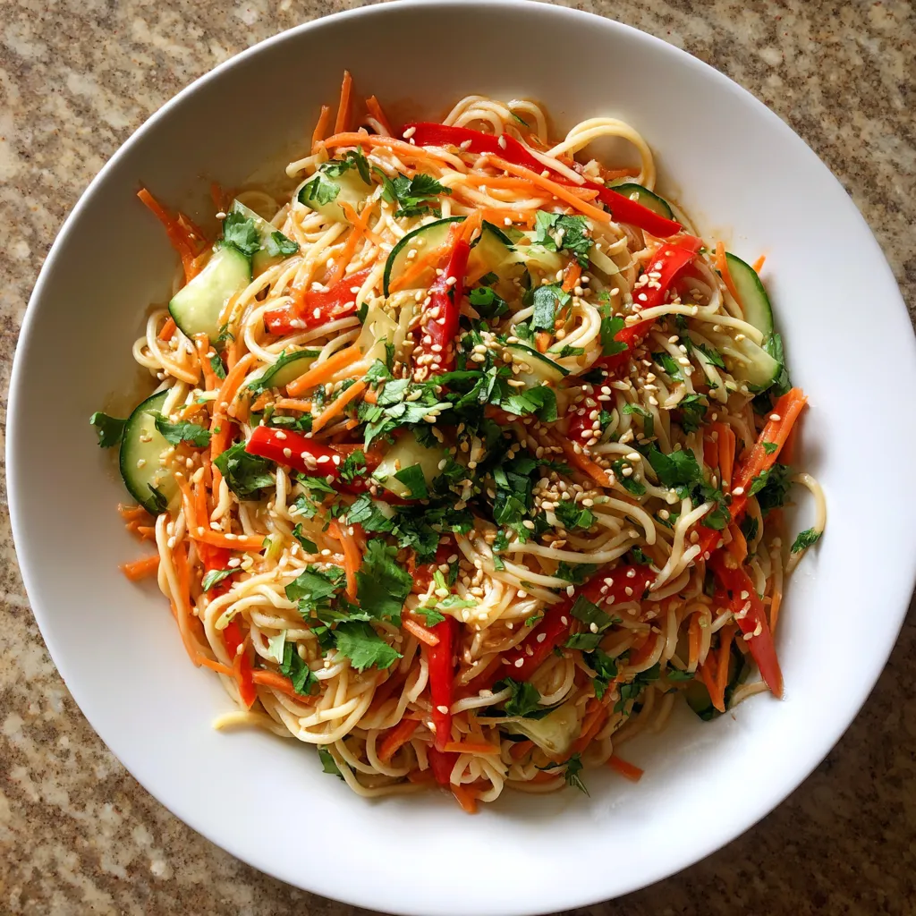 Na tle ziemi stoi biały talerz zawierający chłodną sałatę z noodle, cukini, papryką i cynamonem.