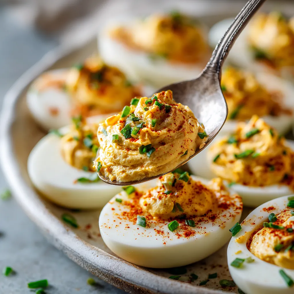 Na tle szklanej trayki z deviled eggs, które są pokryte sosem.