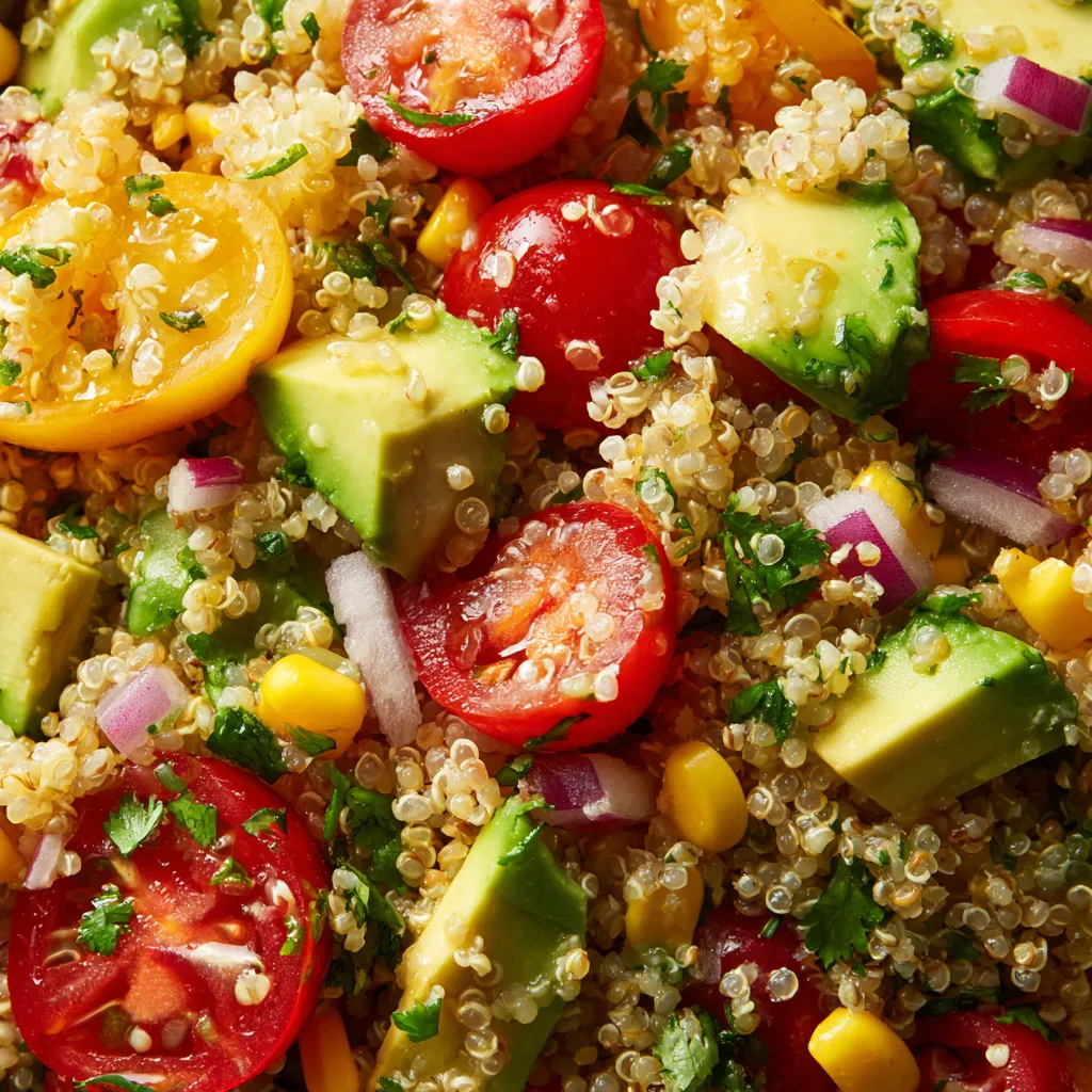 Obraz przedstawia salat z quinoa, który zawiera różne składniki.