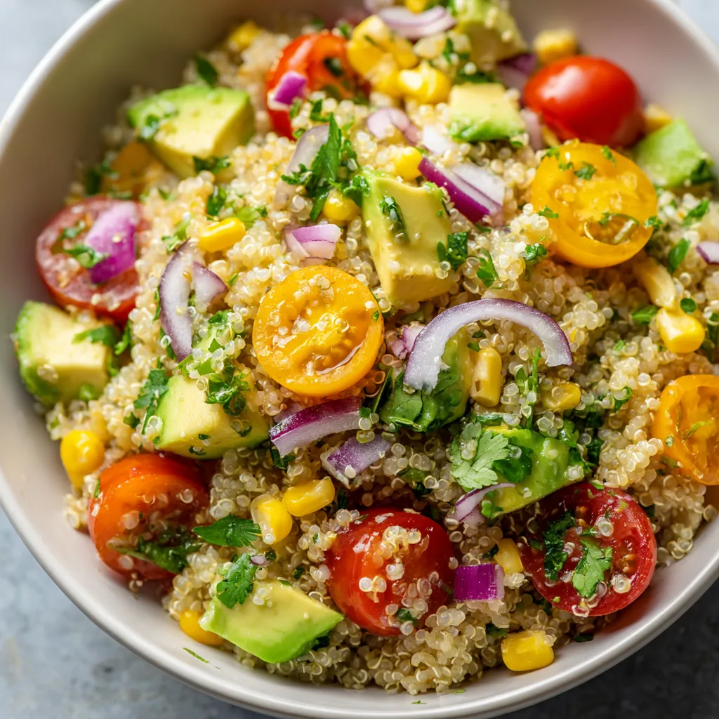 W white bowl, there is a colorful salad made of quinoa, tomatoes, corn, onions, and avocado.