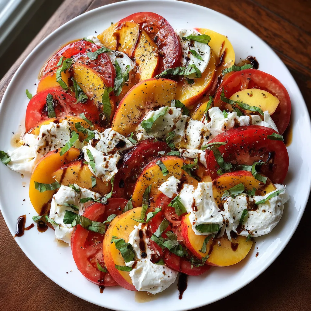 Na tle ciemnego podstawy stoi biały talerz z pepperoni, peach, tomato i burrata.