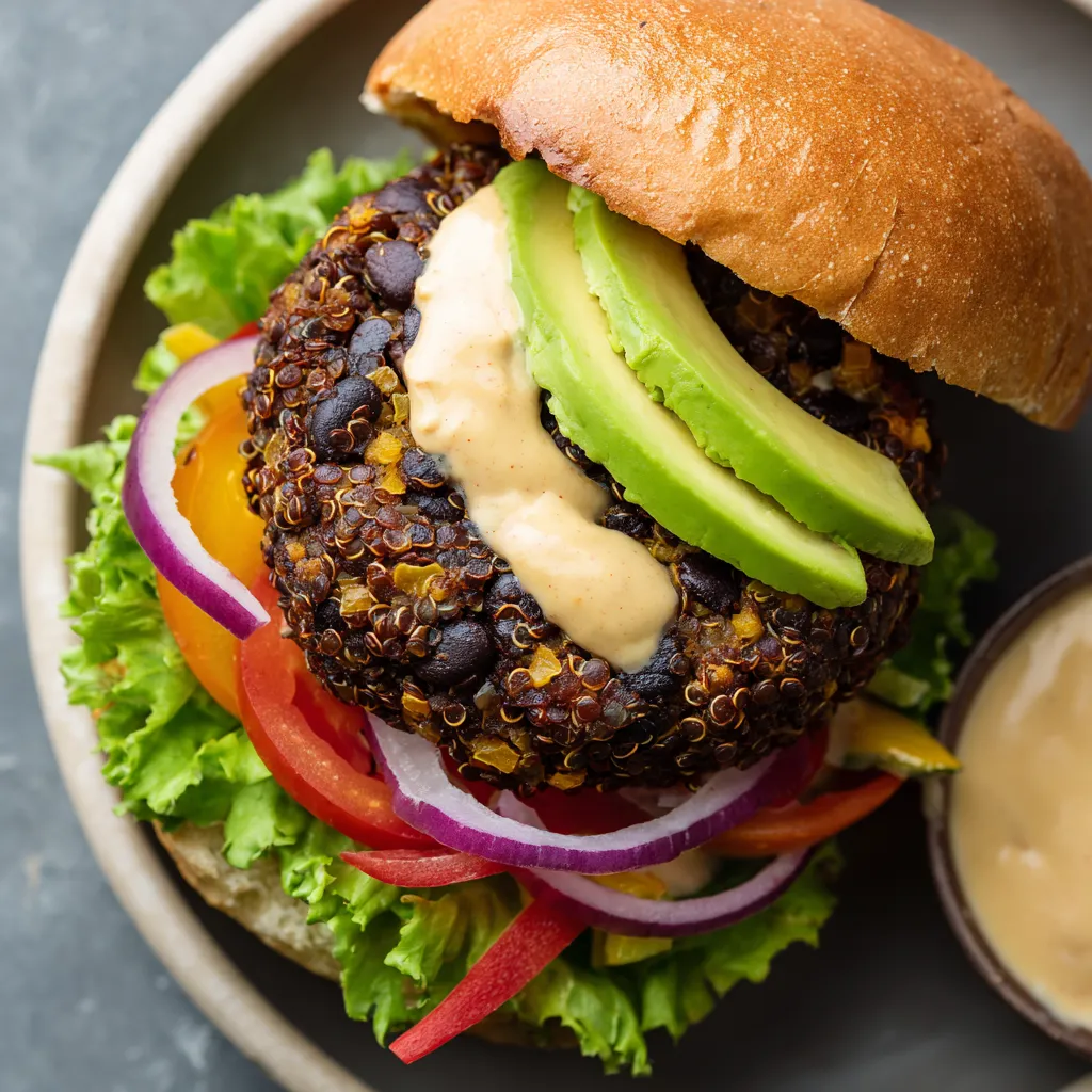 Black Bean Veggie Burger na baguette z dodatkiem sosu.