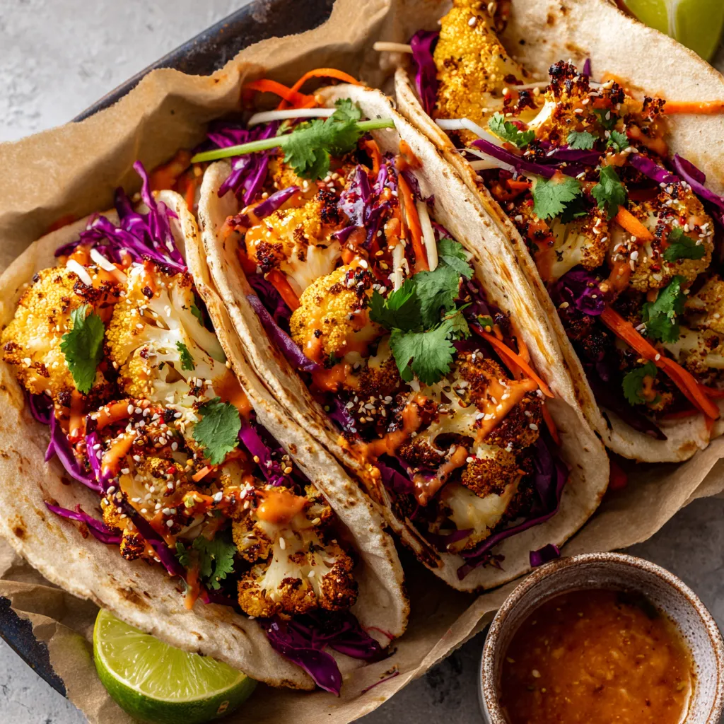 Tacos z purpurowymi warzywami, takimi jak brokuły, są gotowe do podania. Są one przygotowane z uwzględnieniem smaku i wyglądu.