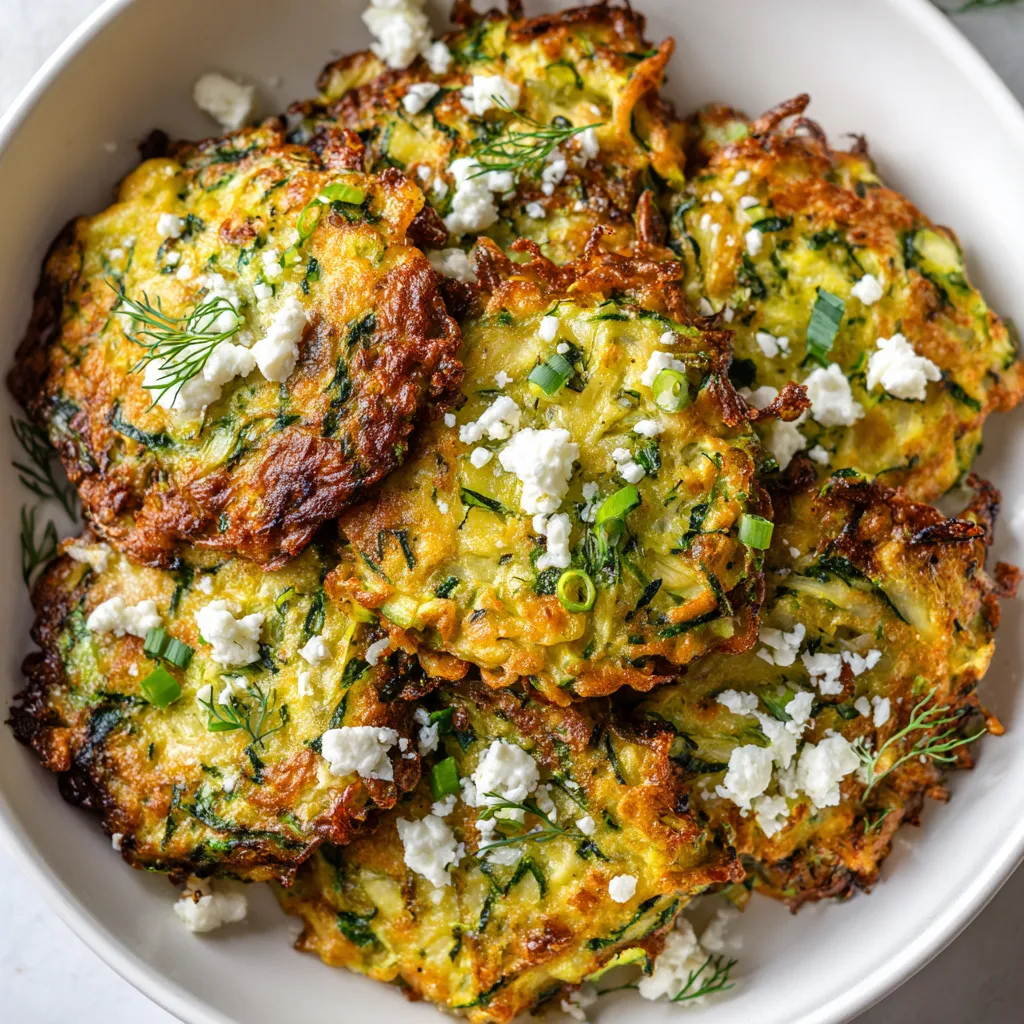 W white bowl, there are several pieces of food, including zucchini fritters. The fritters are covered in cheese and are arranged in a visually appealing manner. The dish is ready to be served and enjoyed.