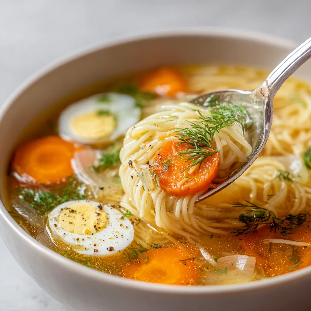 W misce z rosolą, który zawiera wiele składników, w tym carrot, onion, egg, noodles, herbs, and spices.