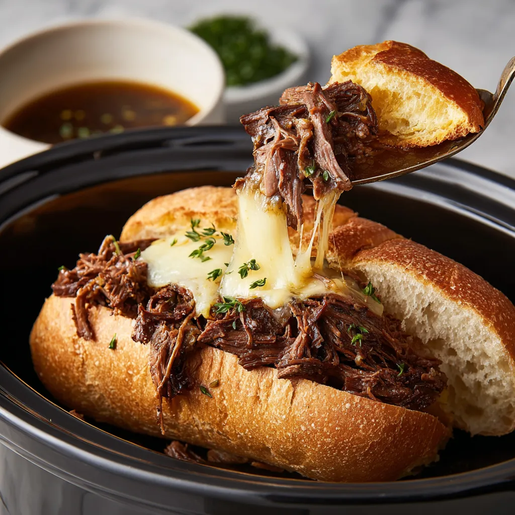 W kawiarni można zobaczyć delikatny slow cooker french dip sandwich.
