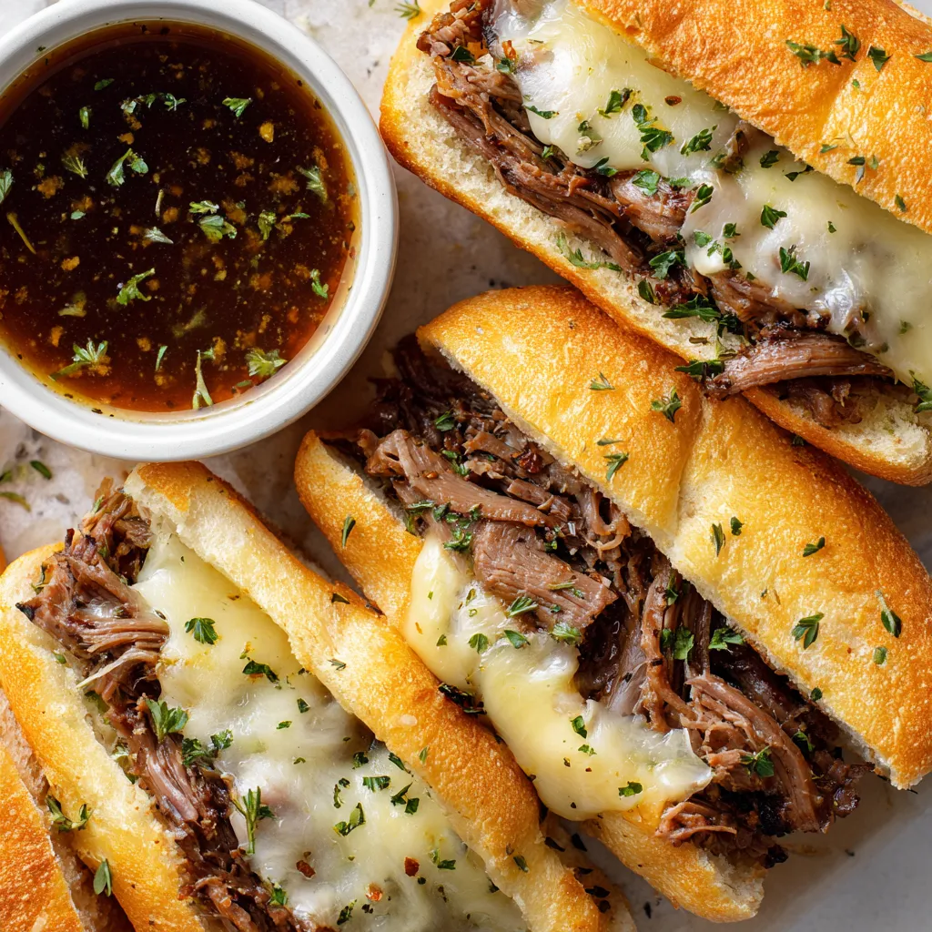 W obrazie przedstawione są pięć slow cooker French Dip Sandwiches.