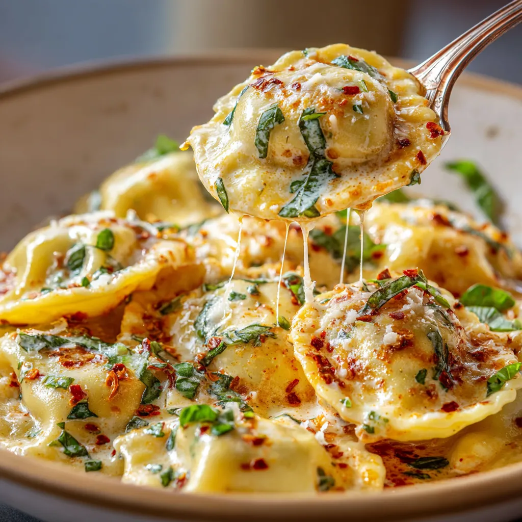 W misce z ravioli są puszki z sosem, którym dodano pieczarki.
