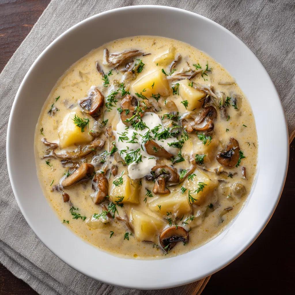 Zupa z kiszonej kapusty i grzybów w wersji kremowej, zawierająca wiele składników, takich jak mushrooms, potatoes, onions, and cream.