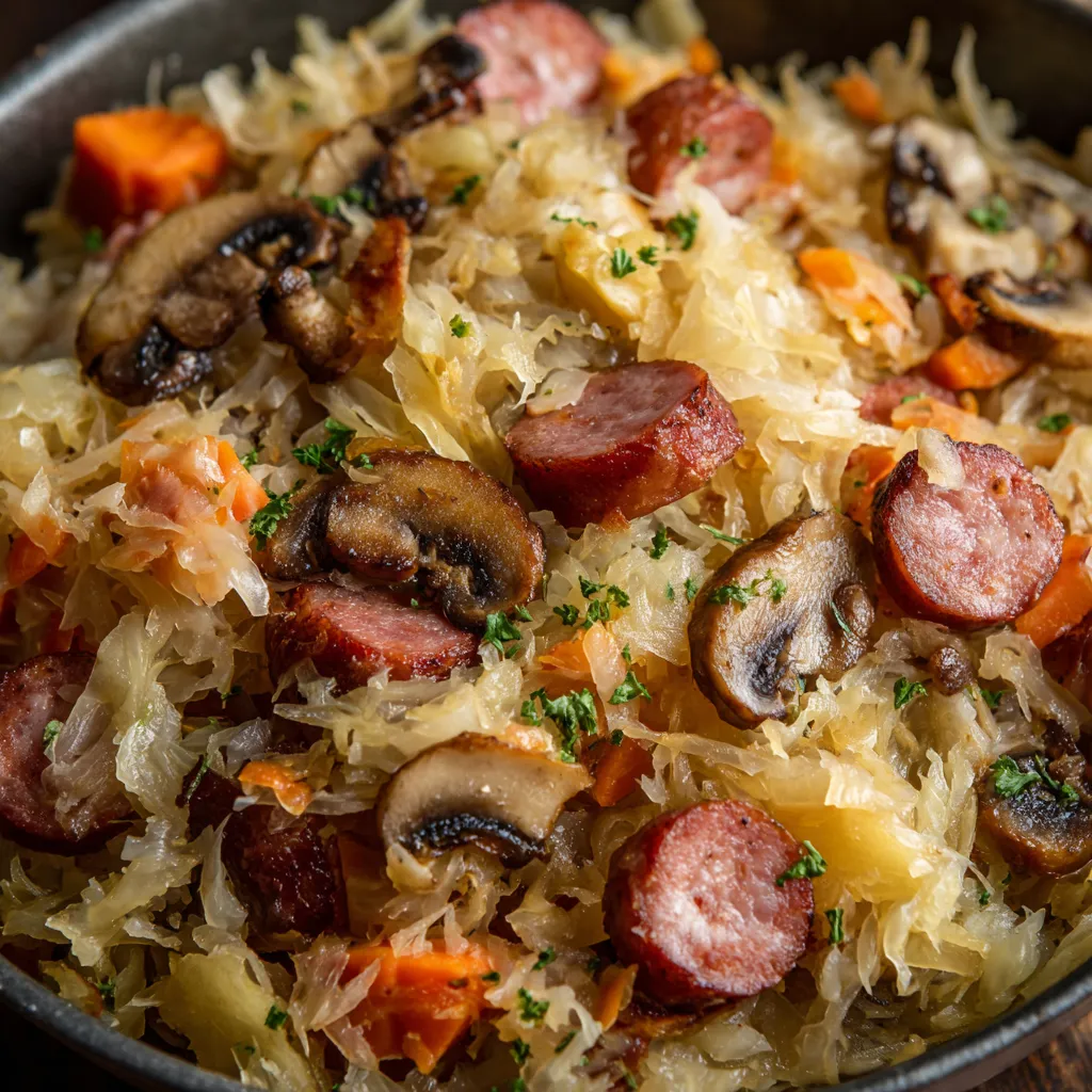 Bigos myśliwski w stylu comfort food – bigos z kiełbasą i jabłkiem.
