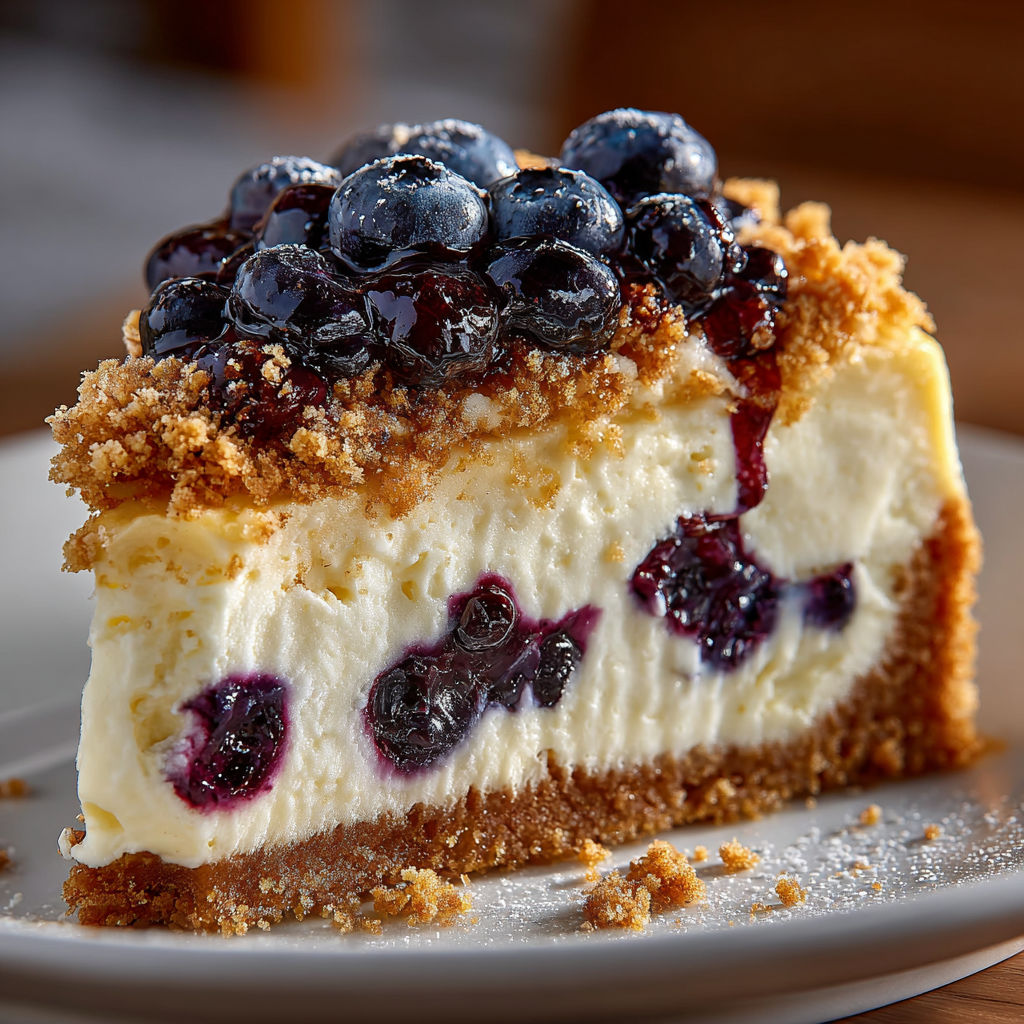 A slice of cake with blueberries on top.