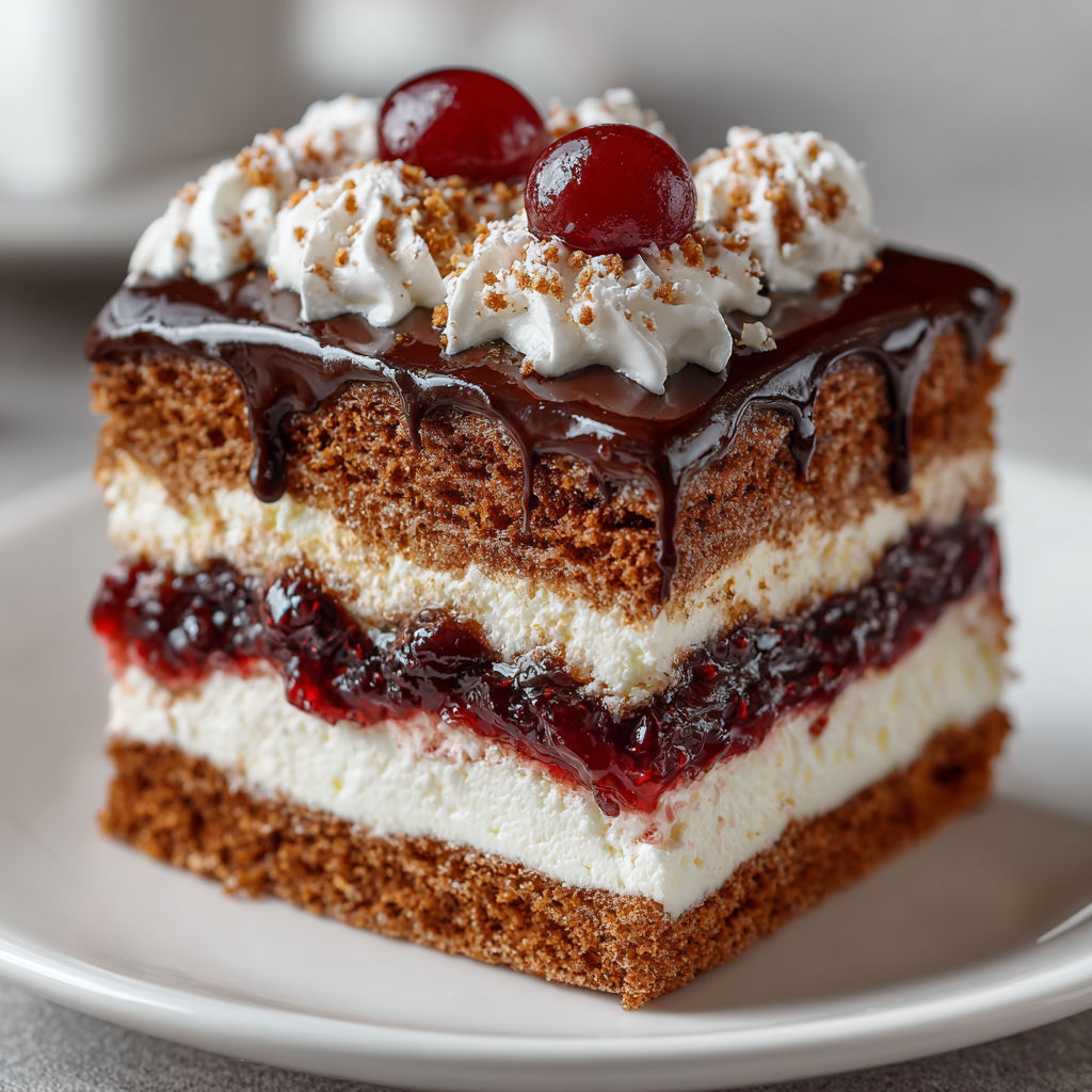 A slice of pie with cherries and whipped cream.