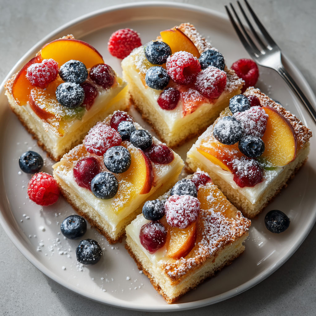 A plate of cake with blueberries and raspberries on top.