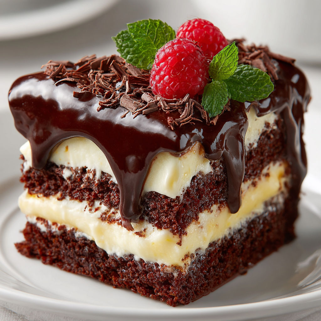 A slice of chocolate cake with raspberries on top.