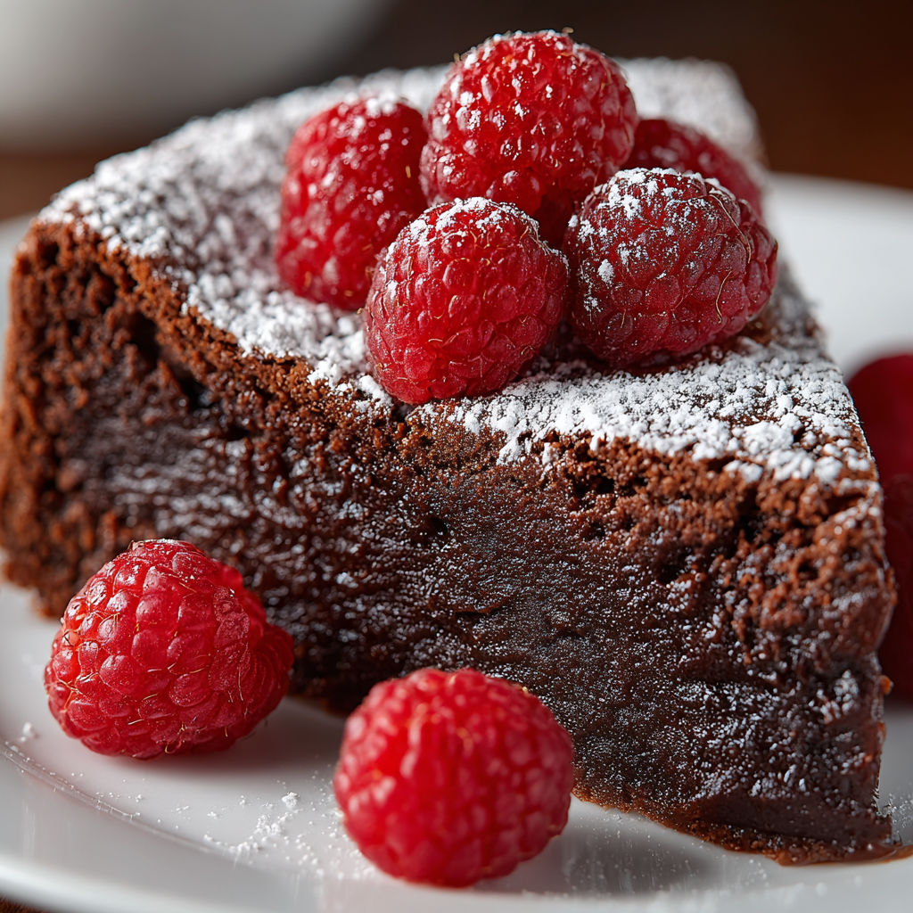 A slice of chocolate cake with raspberries on top.