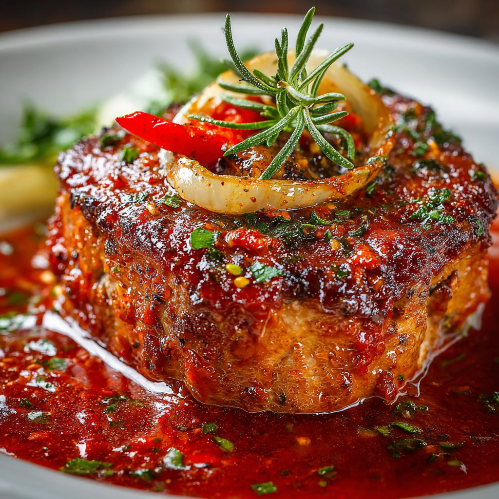 A plate of meat with onions and peppers on top.